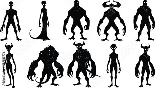 Silhouette alien monsters collection, black demonic creatures, spooky extraterrestrial beings, horned mutants, horror fantasy characters for sci-fi, gaming, or Halloween