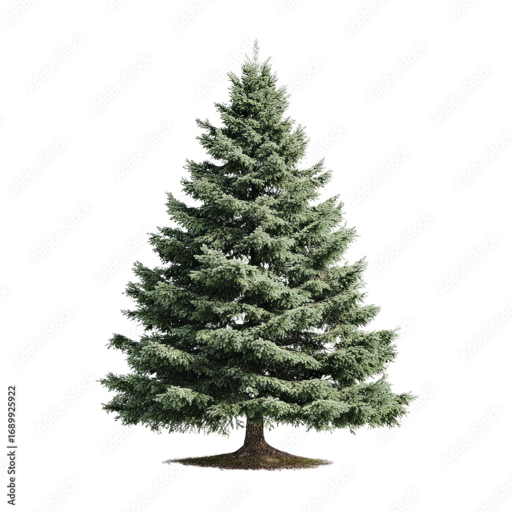 Fototapeta premium A full sized evergreen conifer tree with dense green foliage and a textured brown trunk