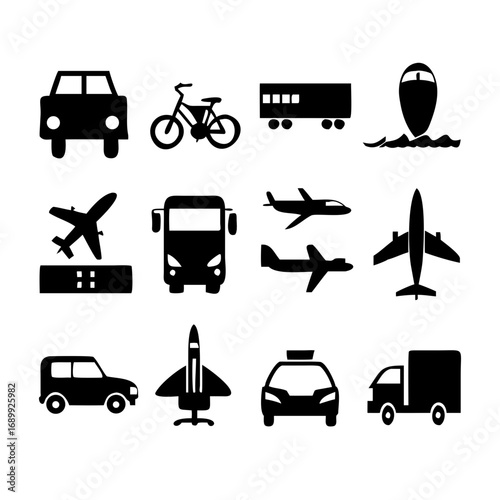 A stylish set of 15 transportation pictogram icons in flat black and white style. Includes car, bus, truck, bicycle, motorcycle, train, airplane, helicopter, ship, rocket, tram, scooter, subway, traff