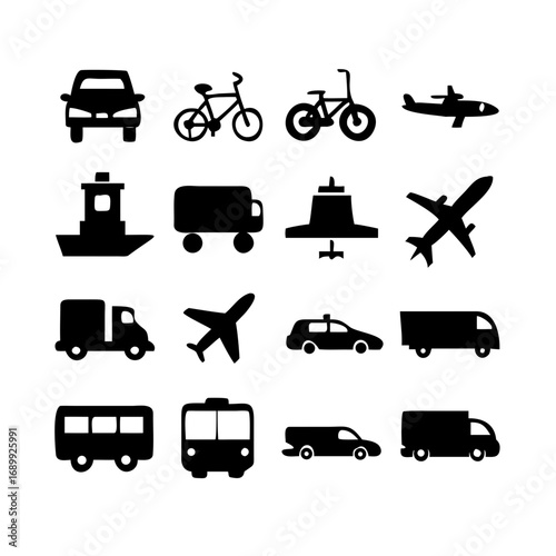 A stylish set of 15 transportation pictogram icons in flat black and white style. Includes car, bus, truck, bicycle, motorcycle, train, airplane, helicopter, ship, rocket, tram, scooter, subway, traff