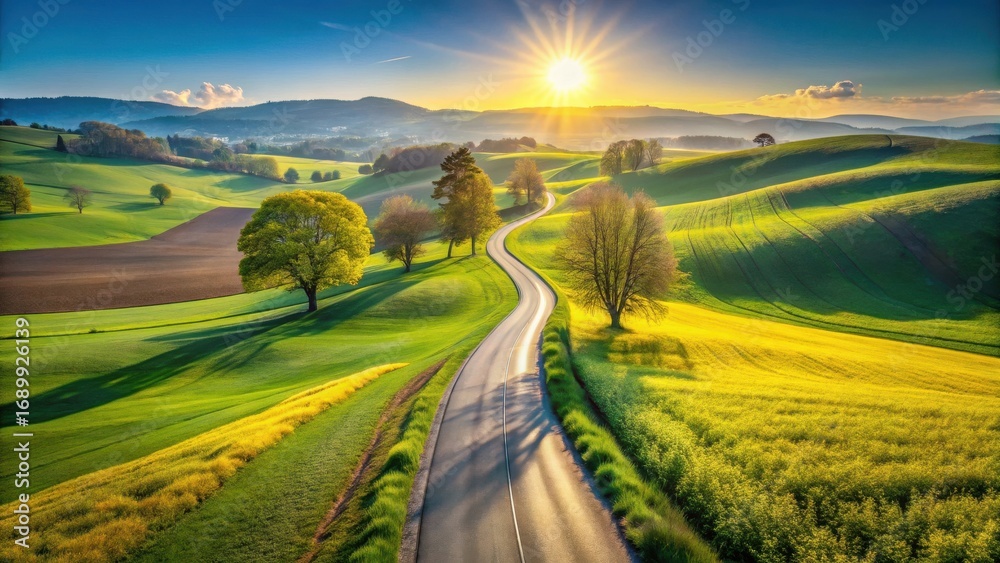 Obraz premium Serene Sunset Vista Winding Country Road Through Lush Green Fields and Golden Yellow Blossoms Under a Radiant Sun