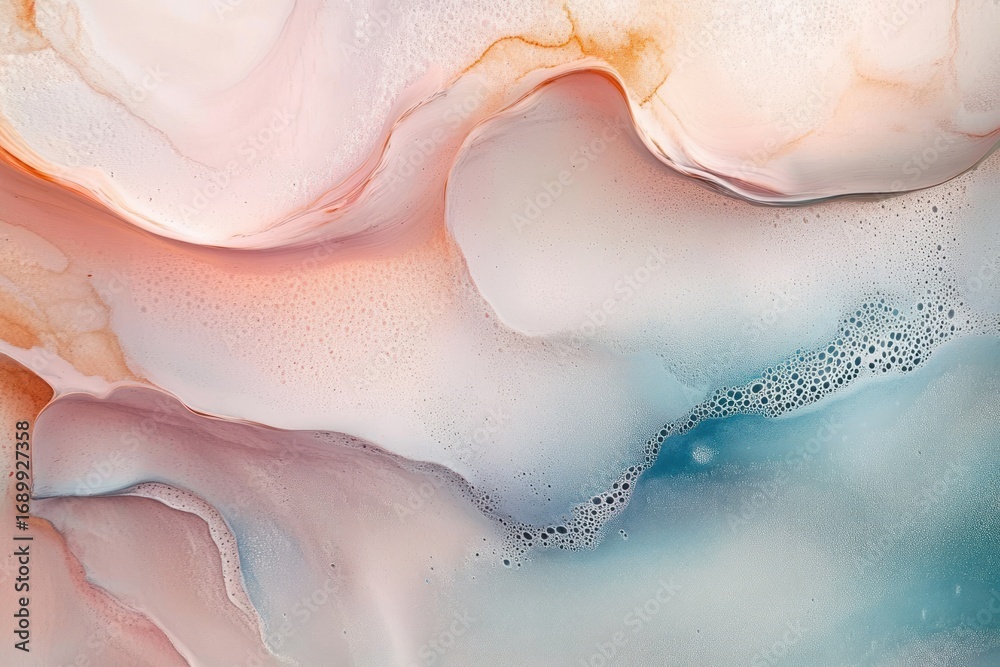 Fototapeta premium Soft flowing abstract pattern with gentle gradients of pink, orange, and blue blending seamlessly with bubbly textures creating a calm and ethereal atmosphere