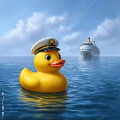 Yellow rubber duck with captain’s hat floating on calm ocean water with cruise ship in background under blue cloudy sky
