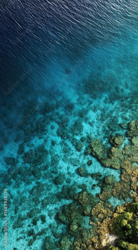 Obraz premium An aerial shot of a vibrant, turquoise-colored ocean meeting rocky shores. The varying hues of blue blend into the rugged coastline. Natural, serene scene