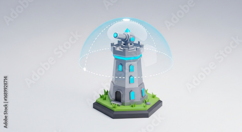 Low poly tower defense game asset with shield protection and cannon for game development and design projects