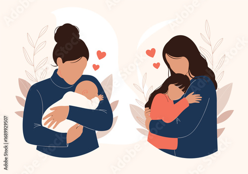 Beautiful mother holding baby and daughter, conveying pure love and family warmth