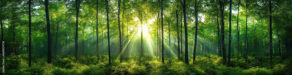 Fototapeta premium Sunlight streaming through tall green trees in a dense forest with lush undergrowth creating a peaceful and refreshing atmosphere