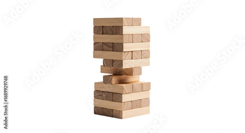 Wooden block tower game isolated on transparent background, a fun and strategic game
