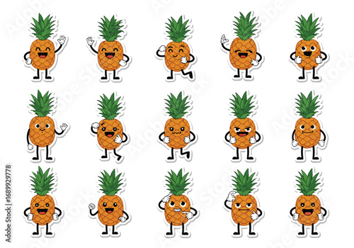 Cheerful pineapple characters expressing various emotions and actions, perfect for fun branding and design