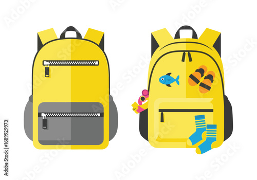 Vibrant yellow backpacks showcase fun accessories, perfect for school or travel adventures