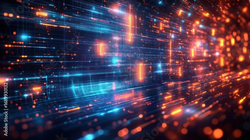 Wallpaper Mural Abstract digital data stream with glowing orange and blue lights creating a futuristic, dynamic tunnel effect Torontodigital.ca