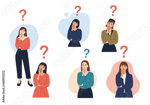 Diverse women pondering important decisions surrounded by question marks, seeking solutions