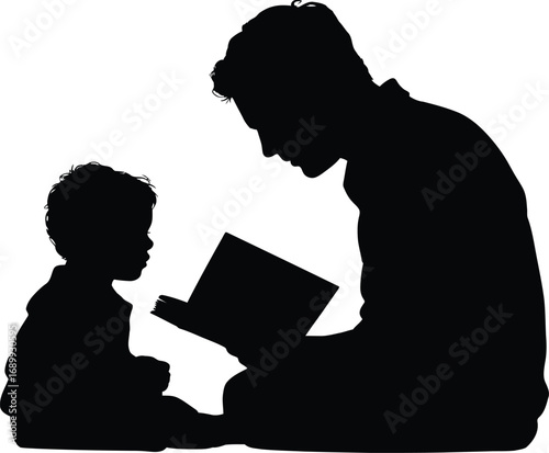 Father reading to child silhouette book