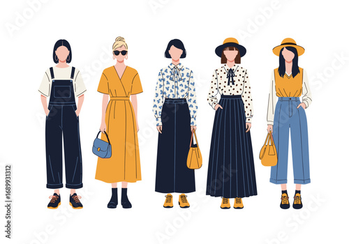 Diverse stylish women showcase modern fashion outfits, perfect for lifestyle and retail promotions