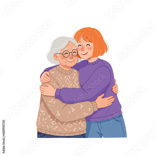 Wallpaper Mural A heartwarming illustration of a young woman affectionately hugging her elderly grandmother, showcasing intergenerational love, family bonds, and happiness. Torontodigital.ca