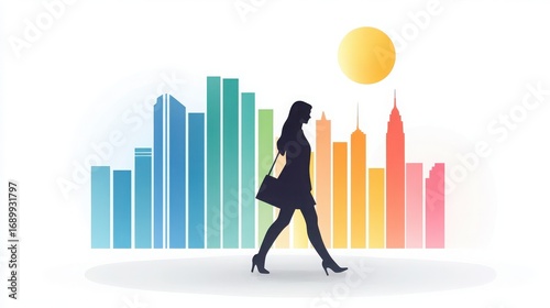 Silhouette of Woman Walking in City at Sunset with Colorful Buildings