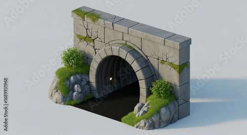 Isometric stone tunnel entrance with mossy rocks and foliage for game asset or architectural rendering
