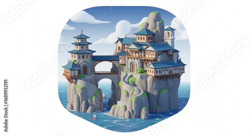 Fantasy island castle illustration, asian architecture, pagoda, sea view, travel destination, scenic landscape