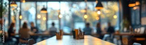 Empty wooden table in a cozy café with blurred people sitting and warm hanging lights in the background creating a relaxed atmosphere