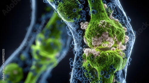 Vector illustration of knee pain relief treatment with blue hyaluronic acid spheres injected into joint and white cells flowing, highlighted light green joint on black background