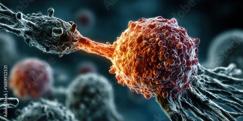 Microscopic close-up of cells including cancerous cells on blue background. Medical and scientific concept illustration showing cellular structures, disease research, laboratory study, health analysis