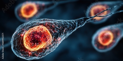 Microscopic close-up of cells including cancerous cells on blue background. Medical and scientific concept illustration showing cellular structures, disease research, laboratory study, health analysis