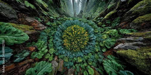 Top view of lush green grass with yellow dandelions growing in the center, symbolizing life, growth, and natural beauty