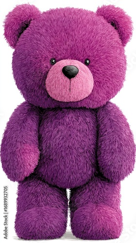 Cute purple teddy bear with pink and magenta hearts isolated on white background. Valentine's Day themed cartoon clipart illustration in flat sticker style, simple vector design