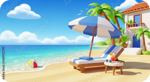 Beach vacation getaway with tropical resort, palm trees, ocean view and summer relaxation scene illustration
