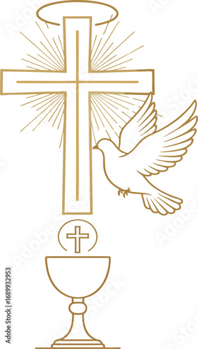 Minimalist Gold Cross, Chalice, Host, and Dove – Catholic Eucharist Symbol Line Art Illustration