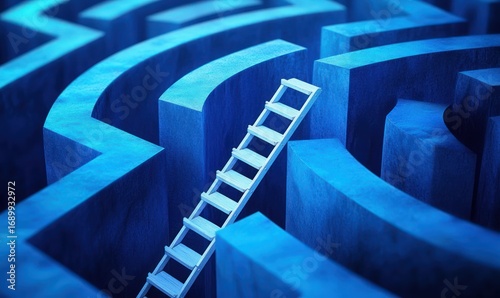 Wallpaper Mural White ladder leaning over the high blue walls of a circular maze under soft lighting, symbolizing problem solving and escape Torontodigital.ca
