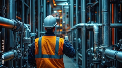 Wallpaper Mural Industrial worker wearing a safety helmet and orange reflective vest inspecting complex metal piping system inside a factory or plant with focused attention Torontodigital.ca