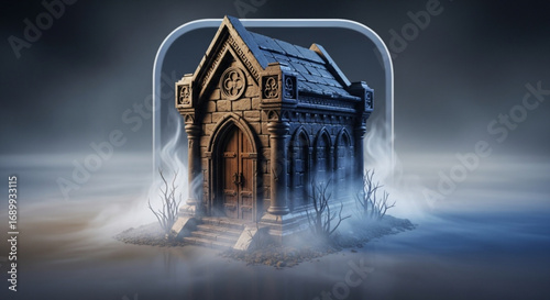 Explore spooky mausoleum tomb in graveyard with fog and ornate architecture perfect for halloween designs
