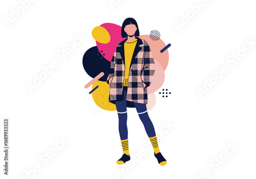 Chic woman with bob haircut and stylish plaid coat, vibrant abstract shapes create dynamic modern fashion art