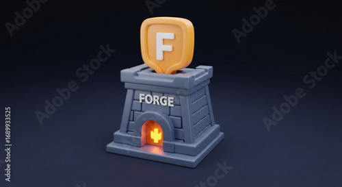 Forge illustration 3d rendering game asset with letter f shield and fire effect for game development