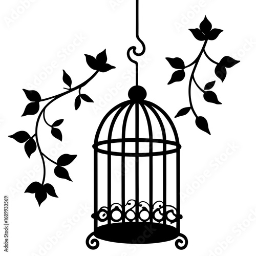 Decorative birdcage with flowing branches and leaves silhouette