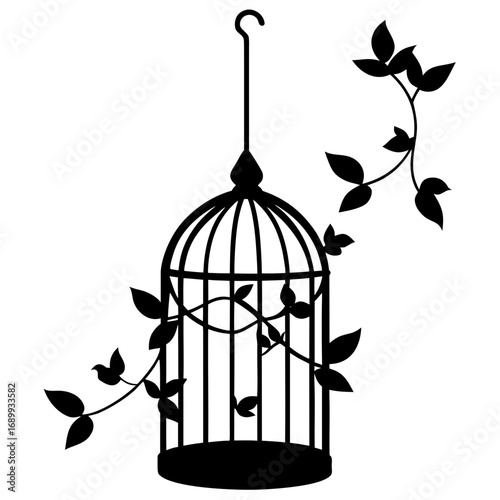 Black silhouette of a birdcage adorned with vines and leaves