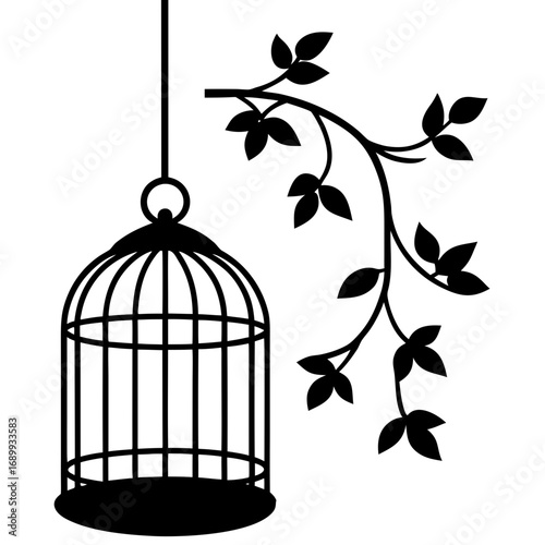 Silhouette of a hanging birdcage next to a leafy branch