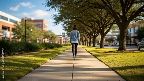 Wallpaper Mural A person walks down a tree-lined sidewalk in a suburban area with buildings in the background. Torontodigital.ca