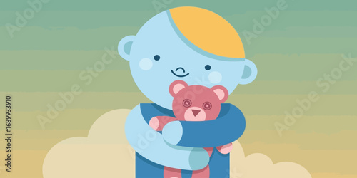 Cute blue child hugs teddy bear against soft gradient sky, creating a heartwarming scene of comfort and innocence.
