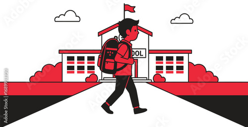 Boy with backpack walks towards school building on sunny morning, symbolizing education and the start of a new day with optimism.