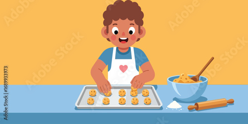 Happy young boy in apron placing cookies on baking sheet in kitchen, preparing homemade treats with a smile, creating a joyful and heartwarming scene.