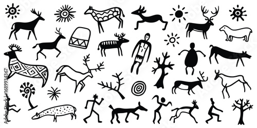 Set petroglyphs, rock paintings, isolated on white background, naive art, vector design