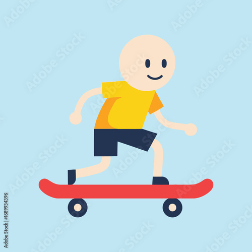 Cartoon boy skateboarding in the park with a smile, enjoying an active outdoor activity on a bright, sunny day.