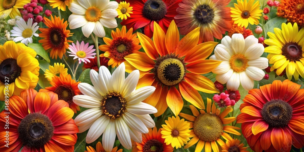Fototapeta premium A vibrant tapestry of autumnal blooms, showcasing a radiant array of sunflowers, daisies, and other colorful flowers in a stunning close-up view.