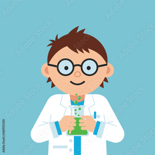 Young boy wearing lab coat holds beaker with green liquid in laboratory, showcasing scientific curiosity and learning in a bright and cheerful style.