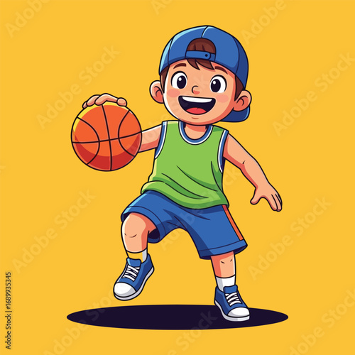 Young boy dribbling orange basketball on yellow court with happy expression and focused gaze, capturing the joy of the game.