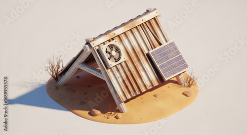 Sustainable desert shelter with solar panel and cooling fan for off grid living and energy efficiency