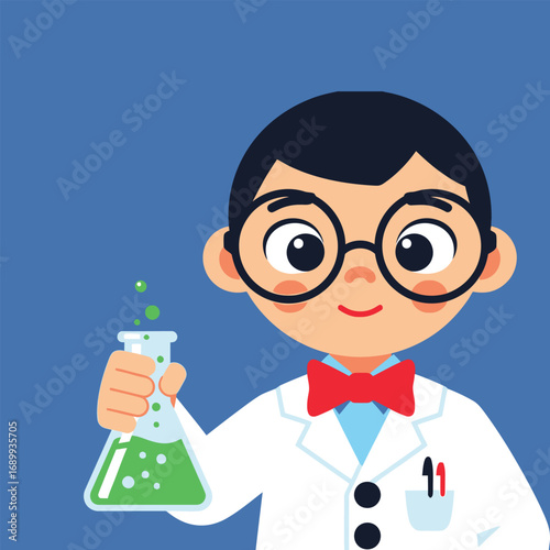 Young boy in lab coat holding beaker with bubbling green liquid in laboratory, showcasing science experiment with enthusiasm and curiosity.