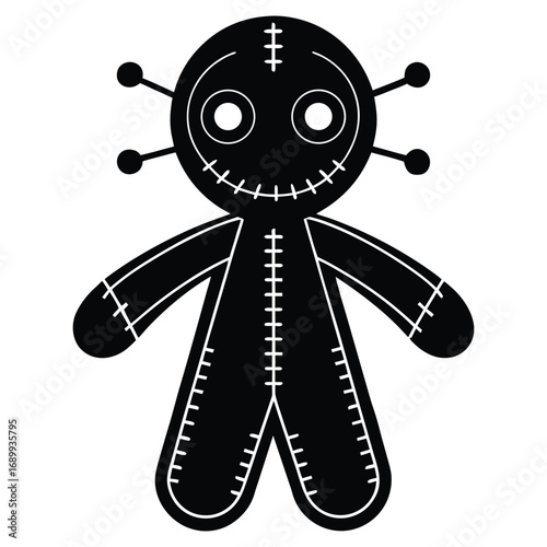 A black silhouette of a voodoo doll on a white background